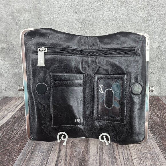 HOBO Lauren Wallet Clutch Embossed Black Leather Floral Lined Kiss Lock Fold New - Picture 2 of 14